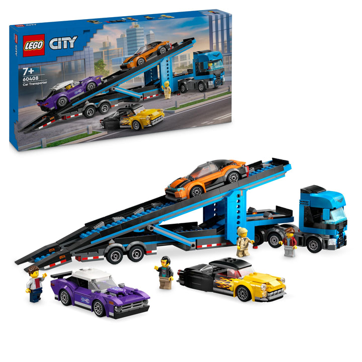 LEGO City Autotransporter mit Sportwagen, Set mit 4 Spielzeugautos für Jungen und Mädchen ab 7 Jahre