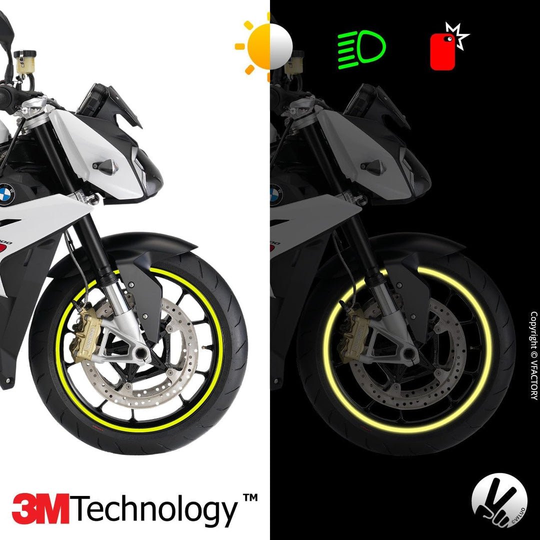 VFLUO - Kit Reflektierende Felgenrandaufkleber Motorrad, Aufkleber für 1 Rad 3M™-Technologie™, 360°-