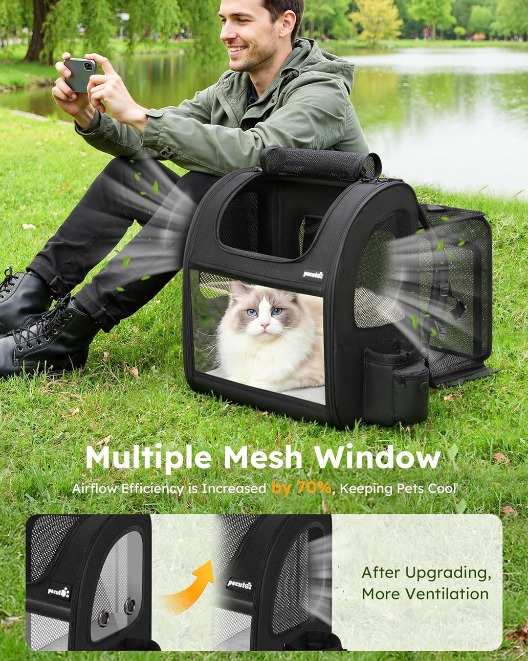 pecute Hunderucksack XL, Erweiterbar Faltbar, Katzenrucksack Grosse Katzen mit Anti-offener Reissver
