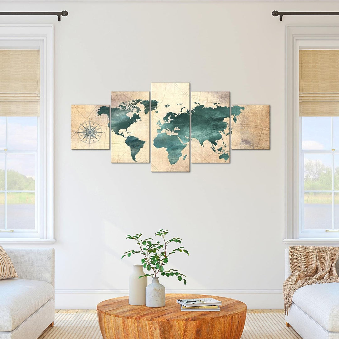 Runa Art - Bilder Weltkarte 200 x 100 cm 5 Teilig XXL Wanddekoration Design Grün braun 026051a 200 x