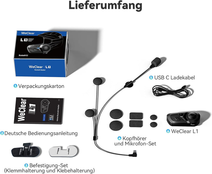L1 Motorradhelm Headset, Helm Bluetooth Kopfhörer mit Sprachassistent, Geräuschunterdrückung Bluetoo