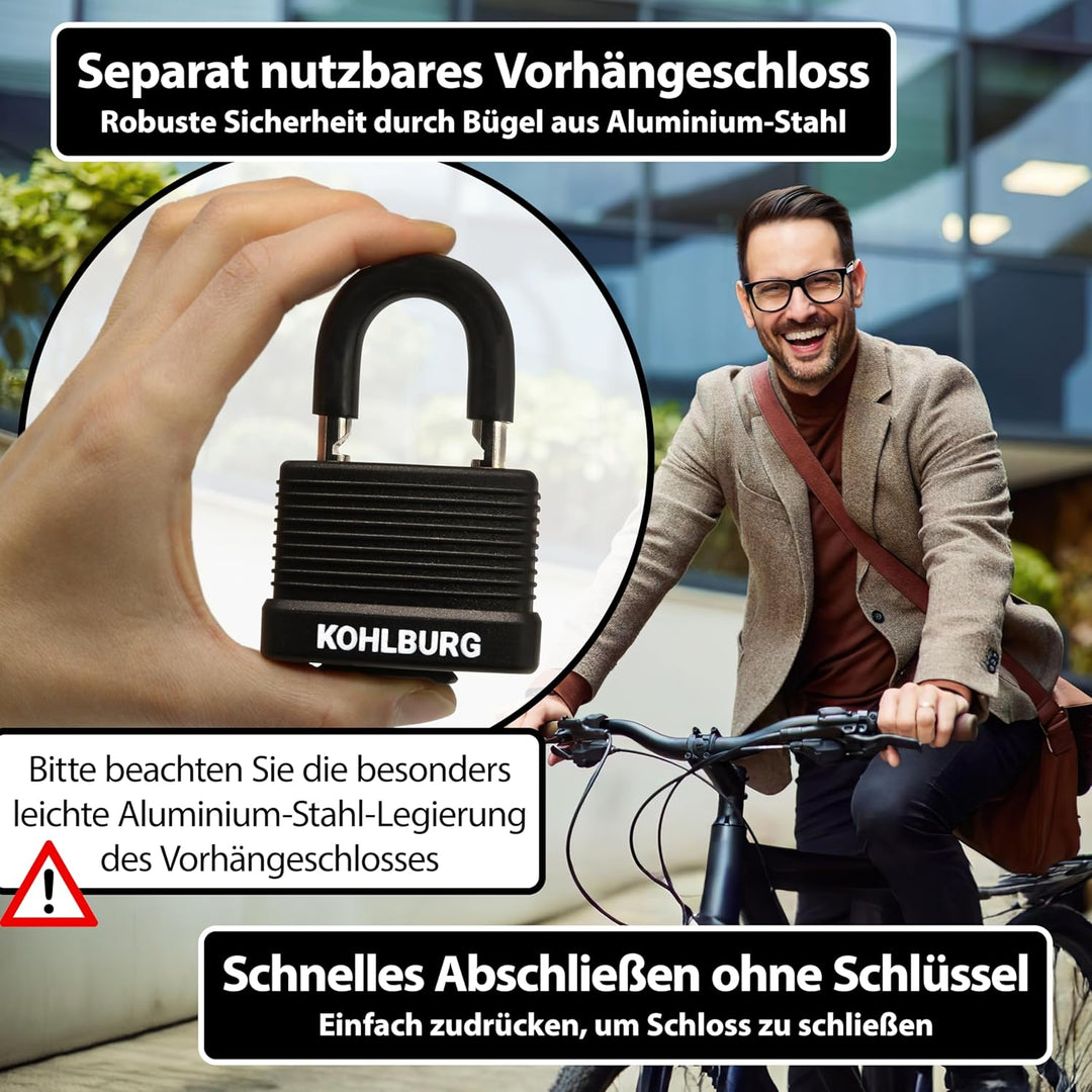KOHLBURG Kabelschloss 2 Meter lang - Schloss einfach ohne Schlüssel abschliessbar - Stahlseil 2 m fü
