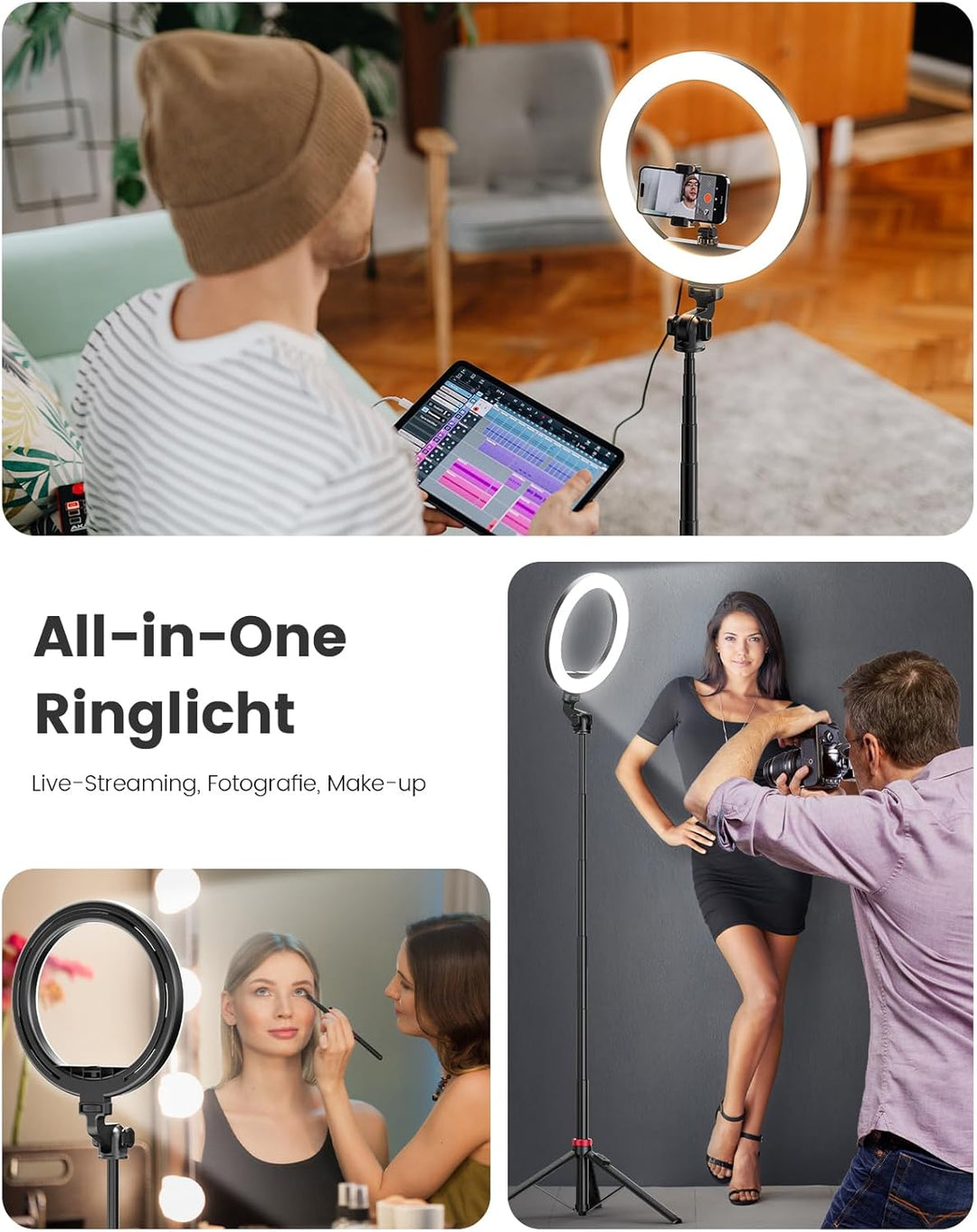 10,2" Dimmbares Ringlicht mit 192cm Hohem Aluminium-Stativ, Flimmerfreies LED-Make-up-Licht/Cold-Sho