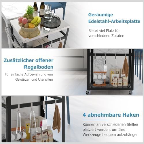Generisch Grilltisch Outdoor, Grillwagen mit 2 Ablagen & 4 Rädern & Griff & 4 Haken, Pizzatisch Beis