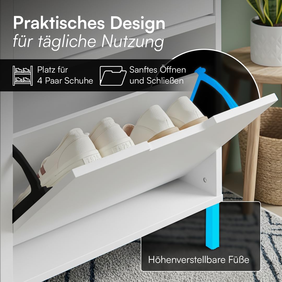 Bellamio Ceyhan Schuhschrank mit 2 Klappen – Schuhkipper weiss aus Holz – Schuhregal schmal 50x19x90