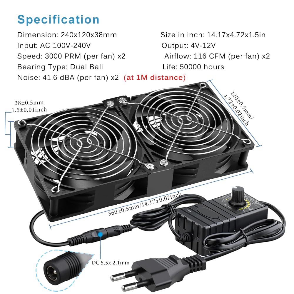 GDSTIME Grosser Luftstrom Dual 120mm Lüfter mit AC Stecker 220V 230V 240V 120 x 38mm Kühlung Lüfter