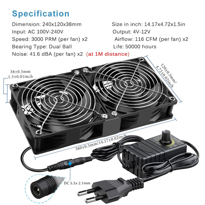 GDSTIME Grosser Luftstrom Dual 120mm Lüfter mit AC Stecker 220V 230V 240V 120 x 38mm Kühlung Lüfter