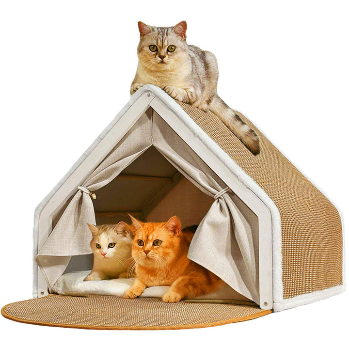 Katzenhaus Katzenzelt Sisal Kratzbrett, 2-in-1 Holz Katzenzelt Drinnen &amp; Kratzbrett Katze, Katzenhöh