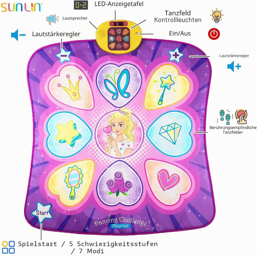SUNLIN Tanzmatte Spielzeug Geschenk für Mädchen von 3 4 5 6 Jahren, Tanzunterlage mit LED-Lichtern,