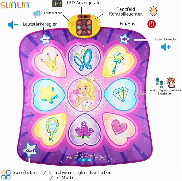 SUNLIN Tanzmatte Spielzeug Geschenk für Mädchen von 3 4 5 6 Jahren, Tanzunterlage mit LED-Lichtern,