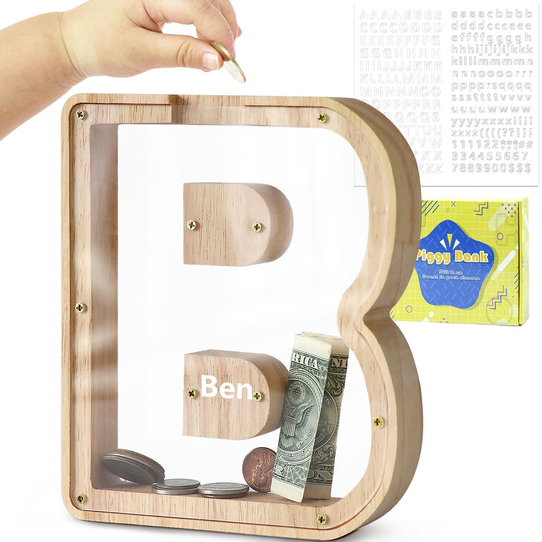 DBPBToU Spardose aus Holz Buchstaben, Sparschwein Durchsichtig für Kinder, Sparbox Personalisierte,