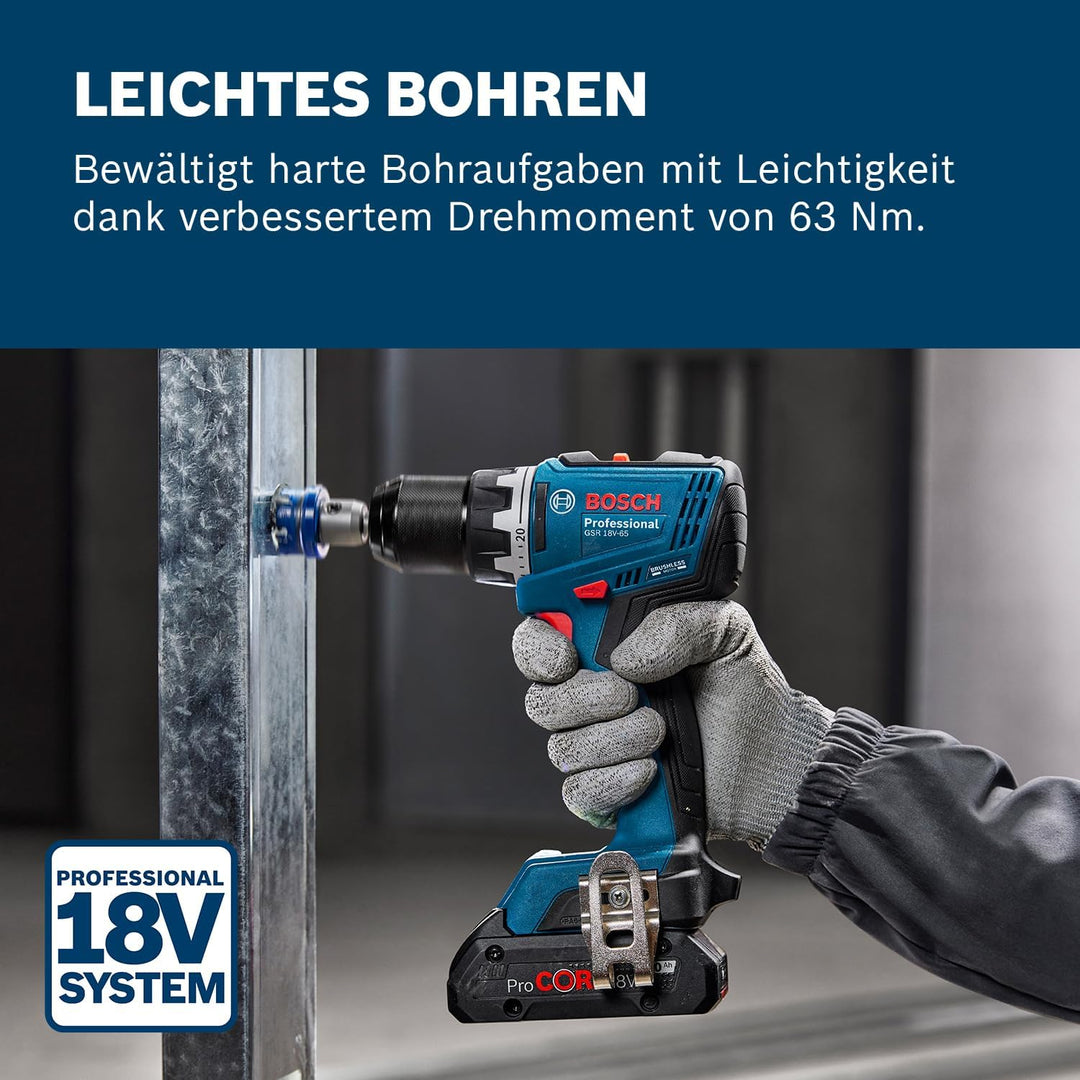 Bosch PRO GSR 18V-65 Akku-Bohrschrauber | Kompakt, aber robust, macht schwierige Schraubanwendungen