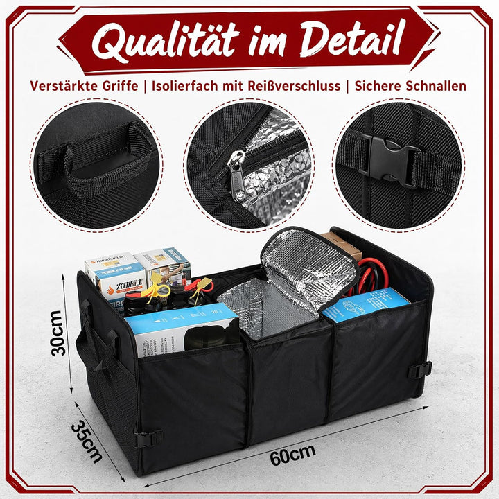 Faltbarer Auto Kofferraum Organizer Universal – 72L Auto Aufbewahrungsbox | Alu-Griffe Trennwände Re