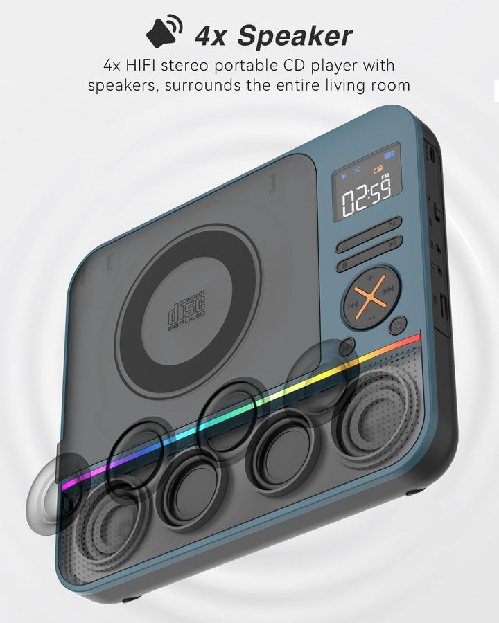 MONODEAL 2026 CD Player Tragbar mit RGB-Licht,HiFi-Stereoanlage Tragbarer CD Player Bluetooth, Wiede