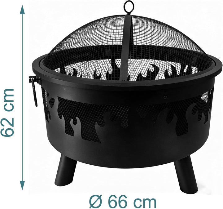 Relaxdays Feuerschale, Ø Schale 64 cm, Funkenschutz, Schürhaken, Stahl, Flammen-Design, Feuerstelle