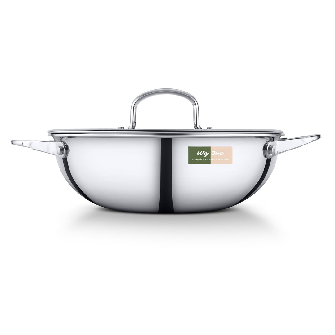 Edelstahl-Wok mit Deckel, Triply Kadhai, dreifach 22 cm grosse Pfanne zum Braten, Eintöpfe, Saucen,