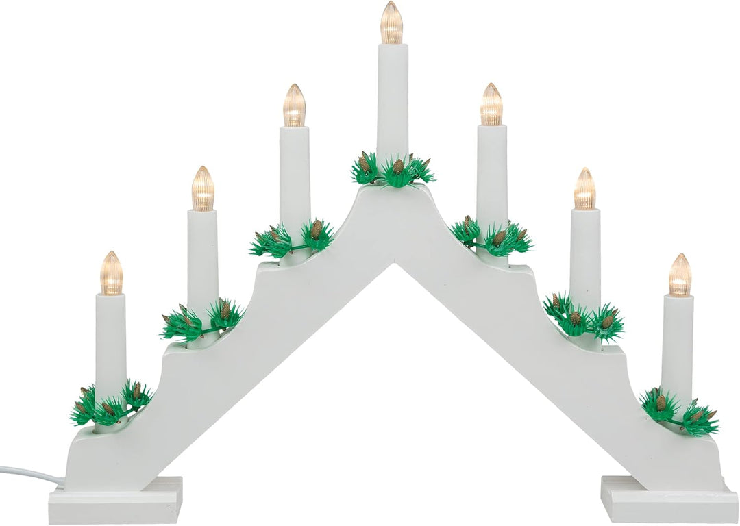 Idena 31837 - LED Adventsleuchter aus weiss lackiertem Holz mit 7 warmweissen LED Kerzenlichtern, Sc