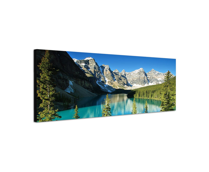 Wandbild auf Leinwand als Panorama in 150x50cm Nationalpark Berge Waldsee Bäume Schnee