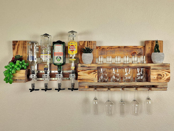 Whisky-Regal Wandbar mit Getränkespender 4 Dosierer Whiskey-Bar Weinregal aus Palette 4 Whiskeygläse