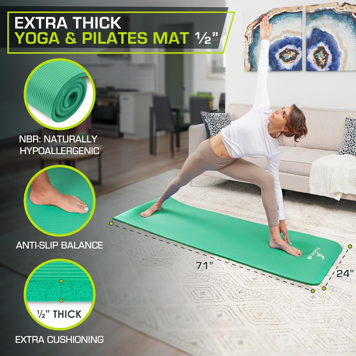 ProsourceFit Extra Thick Yoga and Pilates Mat 1/2" Green, 1/2" Green