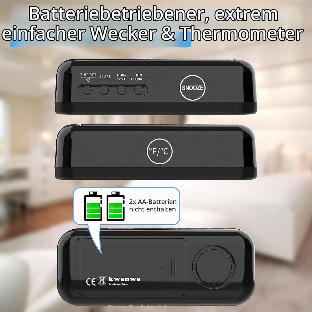 KWANWA Digitaler Reisewecker mit Temperaturanzeige – Batteriebetrieben, 3-stufige Helligkeit/Snooze/