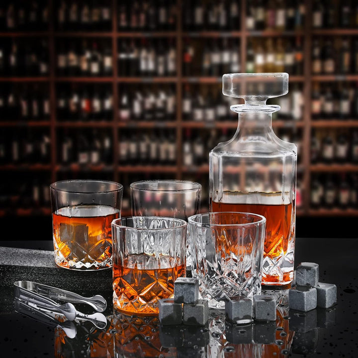 Cieex Whiskey Karaffe Set , 750ml Dekanter mit 4 x 220ml Whiskeygläser 12 Steine Schöne, Geschenk Bo