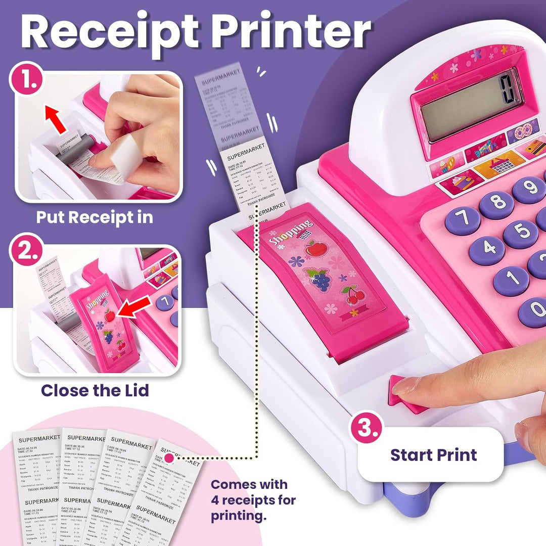 BUYGER Kinder Kasse Spielzeug Registrierkasse mit Bondrucker Scanner Mikrofon, Kaufläden Zubehör Sup