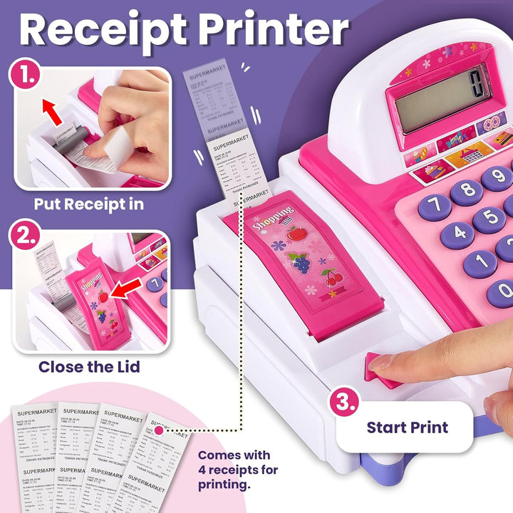 BUYGER Kinder Kasse Spielzeug Registrierkasse mit Bondrucker Scanner Mikrofon, Kaufläden Zubehör Sup