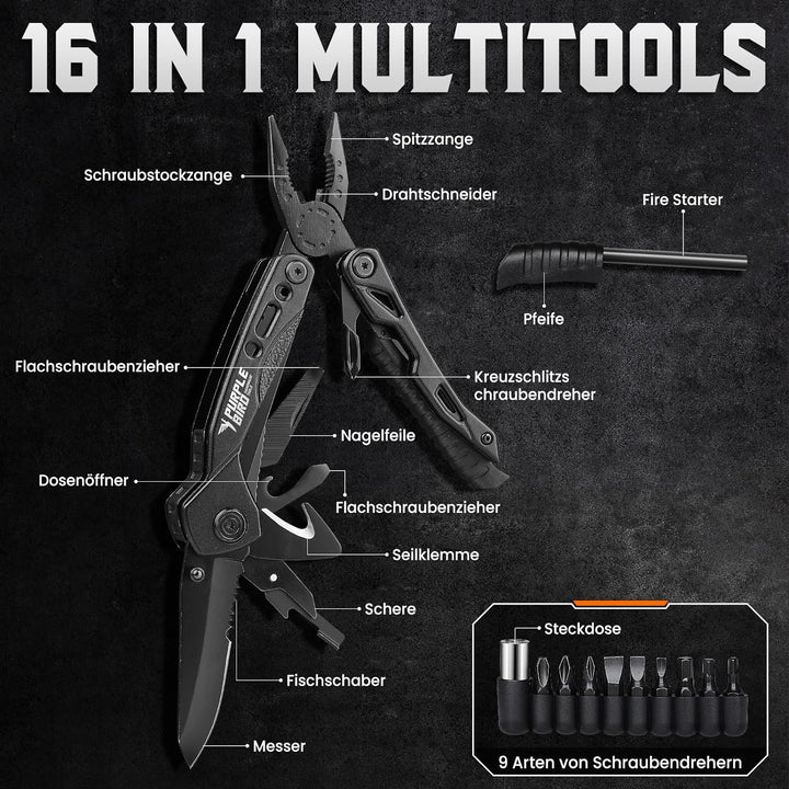 PURPLEBIRD Multitool Werkzeug 16 in 1 Survival Faltbares Gadgets mit Taschenmesser und 9 Bits Multif