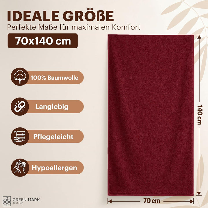 NatureMark 4er Pack Duschtücher, Grösse 70x140cm, Bordeaux, 100% Baumwolle, Bordeaux
