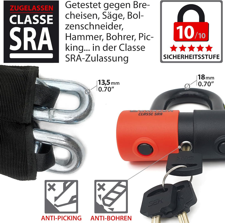 KRASER KR50150 Kettenschloss Schloss Motorrad-Scheibensperre gegen Diebstahl Mini U ø18 + Kette 150