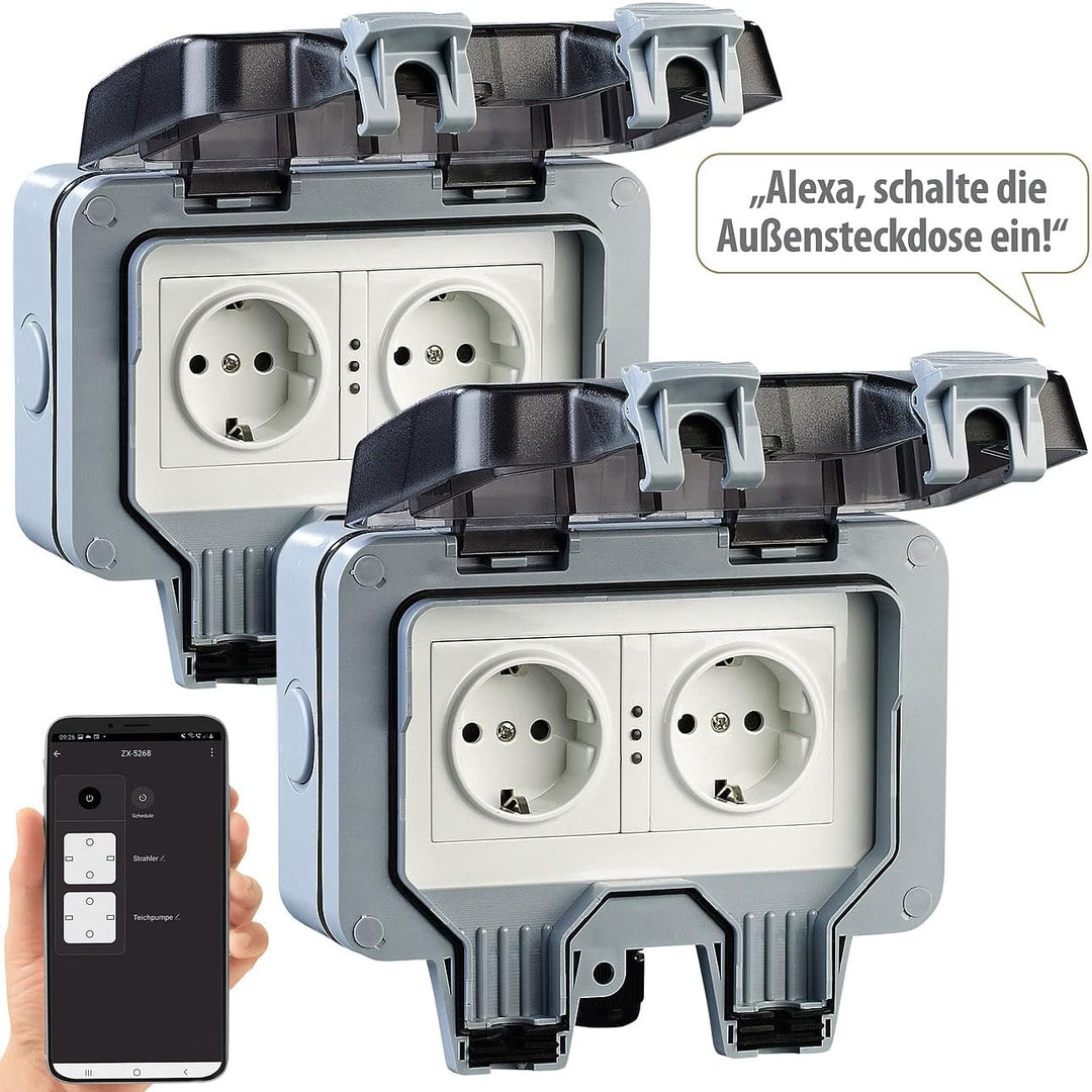 Luminea Home Control WLAN Aussensteckdose: 2er-Set Outdoor-WLAN-Doppelsteckdosen, Sprachbefehl, Stro