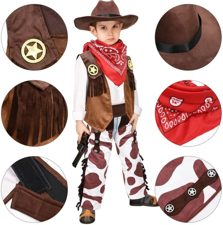 Tacobear Cowboy Kostüm Kinder mit Bandana Halstuch Hut Weste Hose Western Cowboy Cosplay Set Faschin