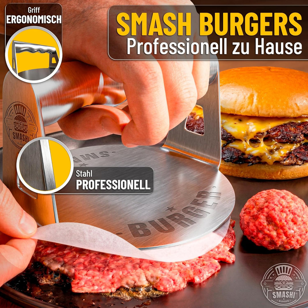 SMASHI® Smash Burger Set Professionell aus Edelstahl 304 – Burgerpresse, Grillspachtel & Burgerglock