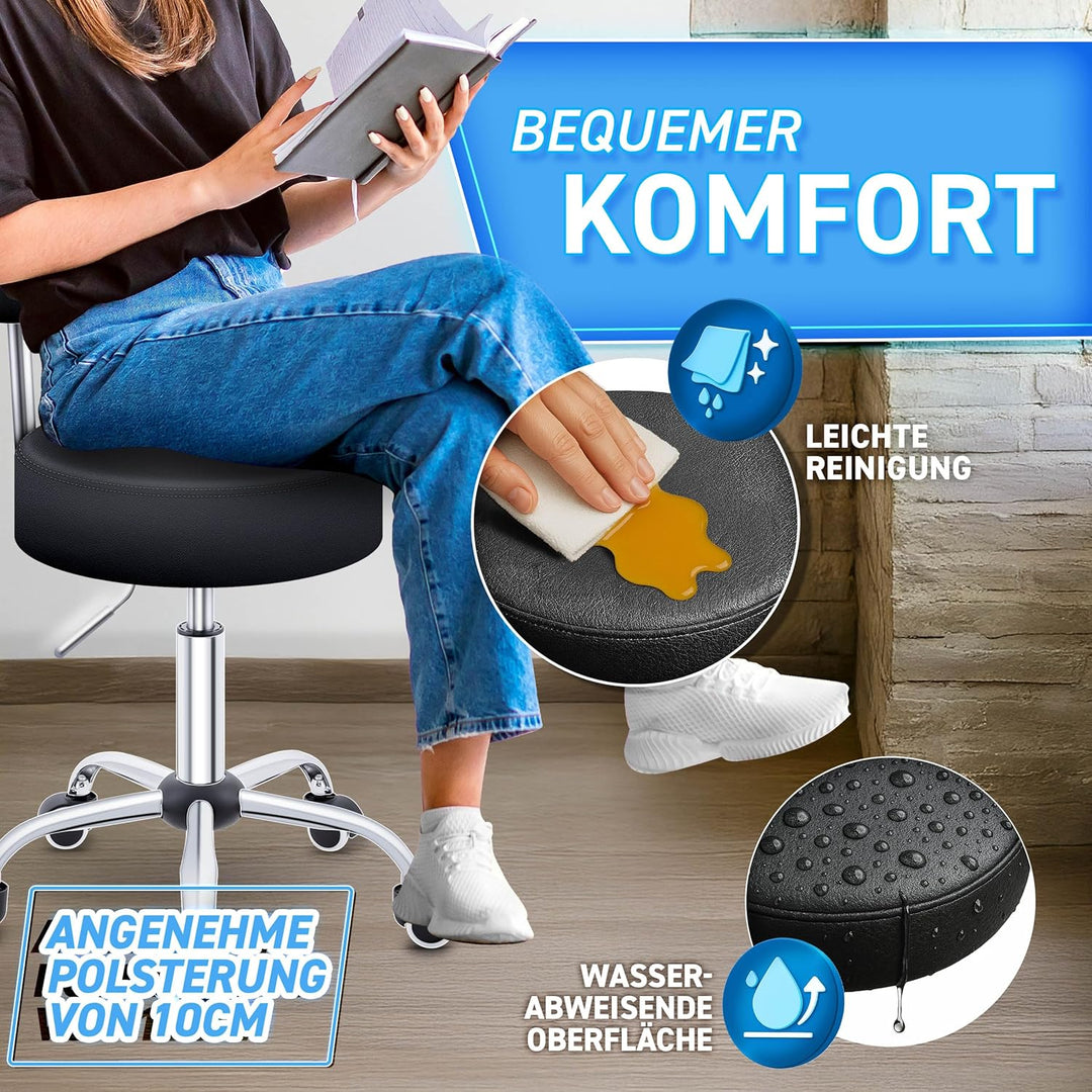 TRESKO® Rollhocker mit Lehne Schwarz | Arbeitshocker höhenverstellbar 46-58 cm | Drehhocker mit Roll