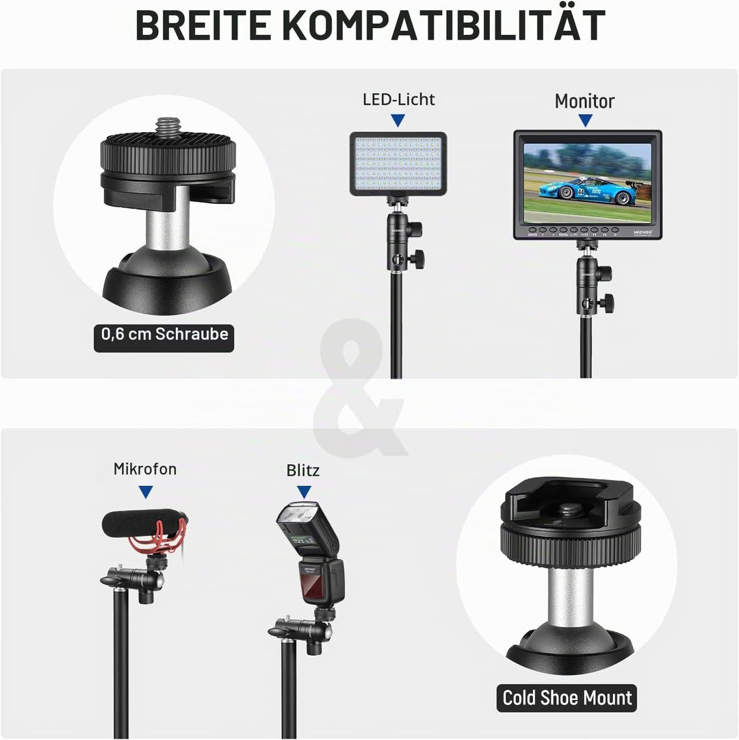 NEEWER 2X Stativ Montageadapter mit Zubehörschuh 1/4" Schraube Mini Kugelkopf, umkehrbare Montagepla