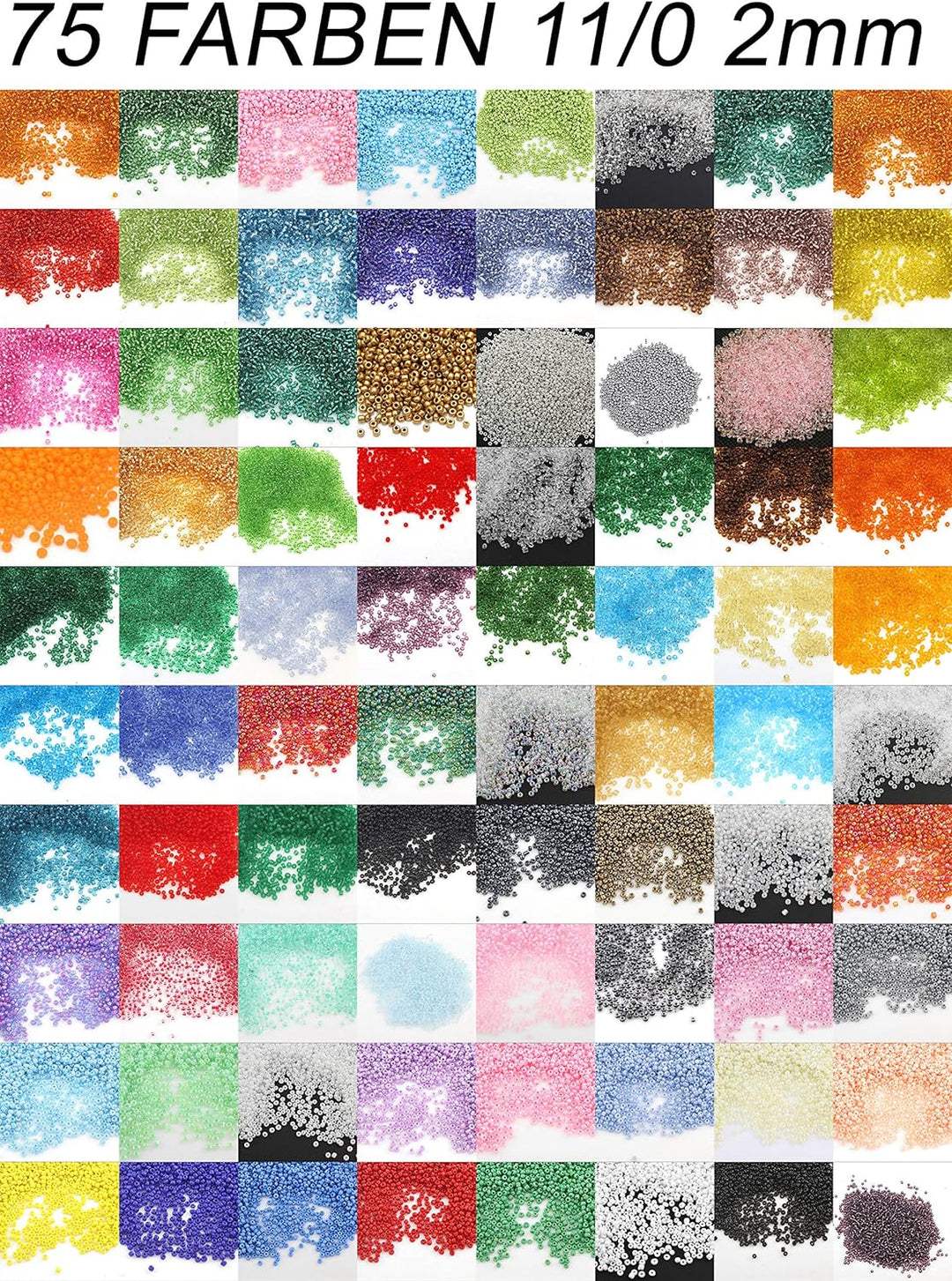 75 Farben Rocailles 2mm Perlen Set 75 Pack 75 Farben 1,5 Kilo Glasperlen Rund 11/0 100000stk POSTEN