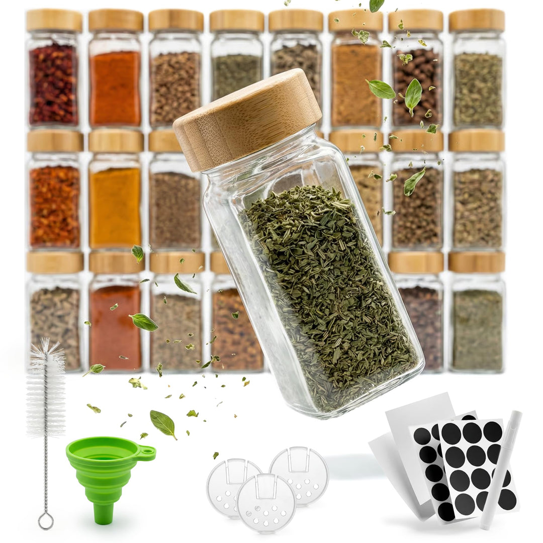 Gewürzgläser Set 24er, 120 ml, eckig mit Bambusdeckel &amp; Streueinsatz – inkl. Etiketten, Marker, Tric