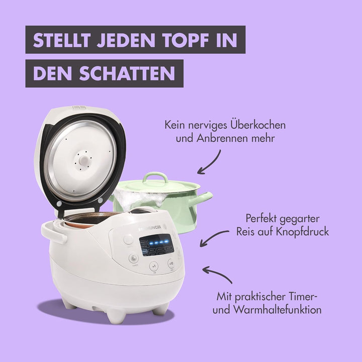 REISHUNGER Digitaler Reiskocher klein, bordeaux | 0,6 L bis 3 Personen | Warmhaltefunktion, Timer &