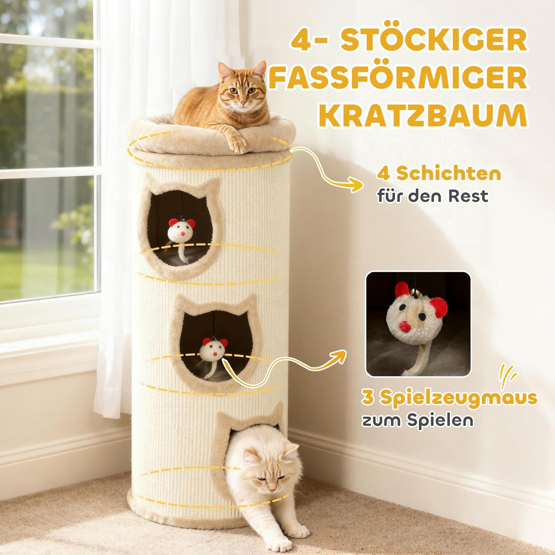 PawHut Kratztonne 96 cm Hoch Ø 38 cm dreistöckige Katzentonne mit Plüschrand, abnehmbarem und waschb