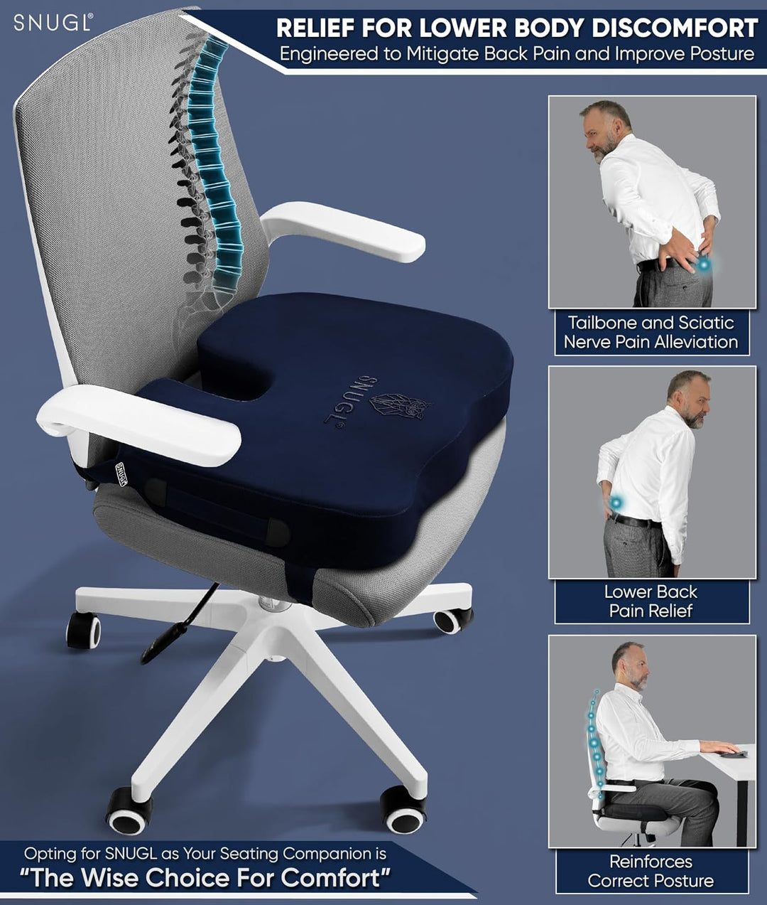 SNUGL Sitzkissen orthopädisch Memory Foam Steissbeinkissen | Stuhlkissen gegen Rückenschmerzen | Erg