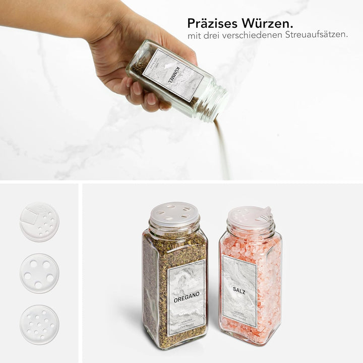 Greeano Mamor Weiss Gewürzgläser Set [24 x 120ml] mit 300 Gewürzetiketten [DE] - Gewürzgläser eckig