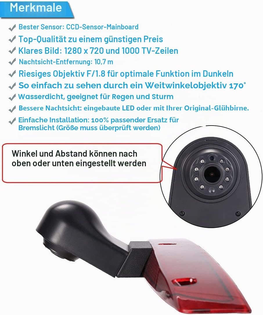 1280 x 720 Pixels 1000TV Lines Auto Top Mount Brake Bremsleuchte Kamera Bremslicht Rückfahrkamera Wa