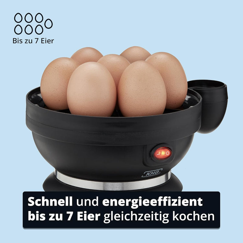 KHG Eierkocher Edelstahl | 1 Ei - 7 Eier | Messbecher mit Eipick | 380 Watt Edelstahlheizplatte, mit