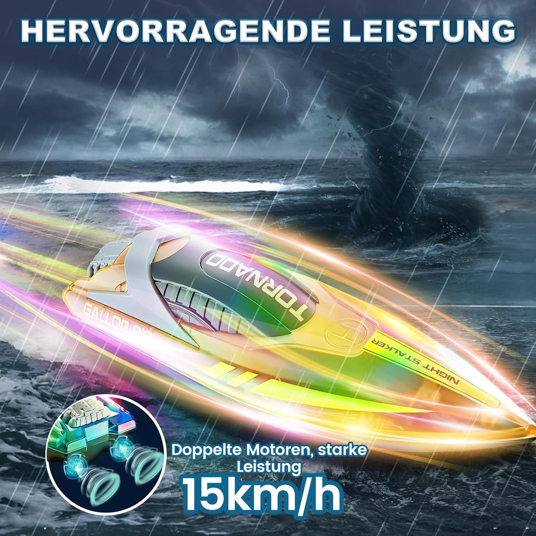 JONRRYIN Ferngesteuertes Boot, RC Boot mit LED-Licht für Pools und Seen, 2,4 GHz Ferngesteuerte Boot