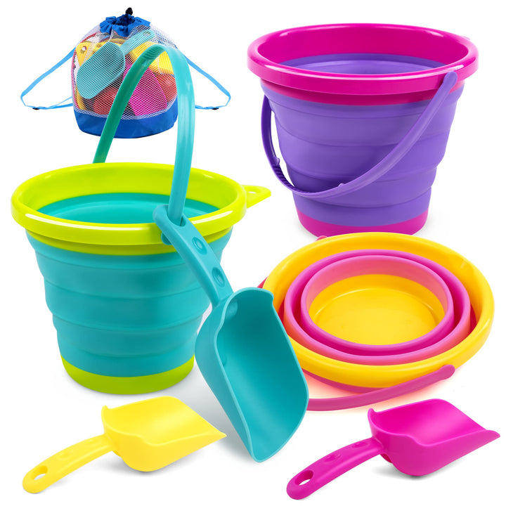 JOYIN 3 Packungen Faltbares Strand Eimer Set，Sandkasten Faltbare Sandspielzeug Eimer mit Netz-Rücksa