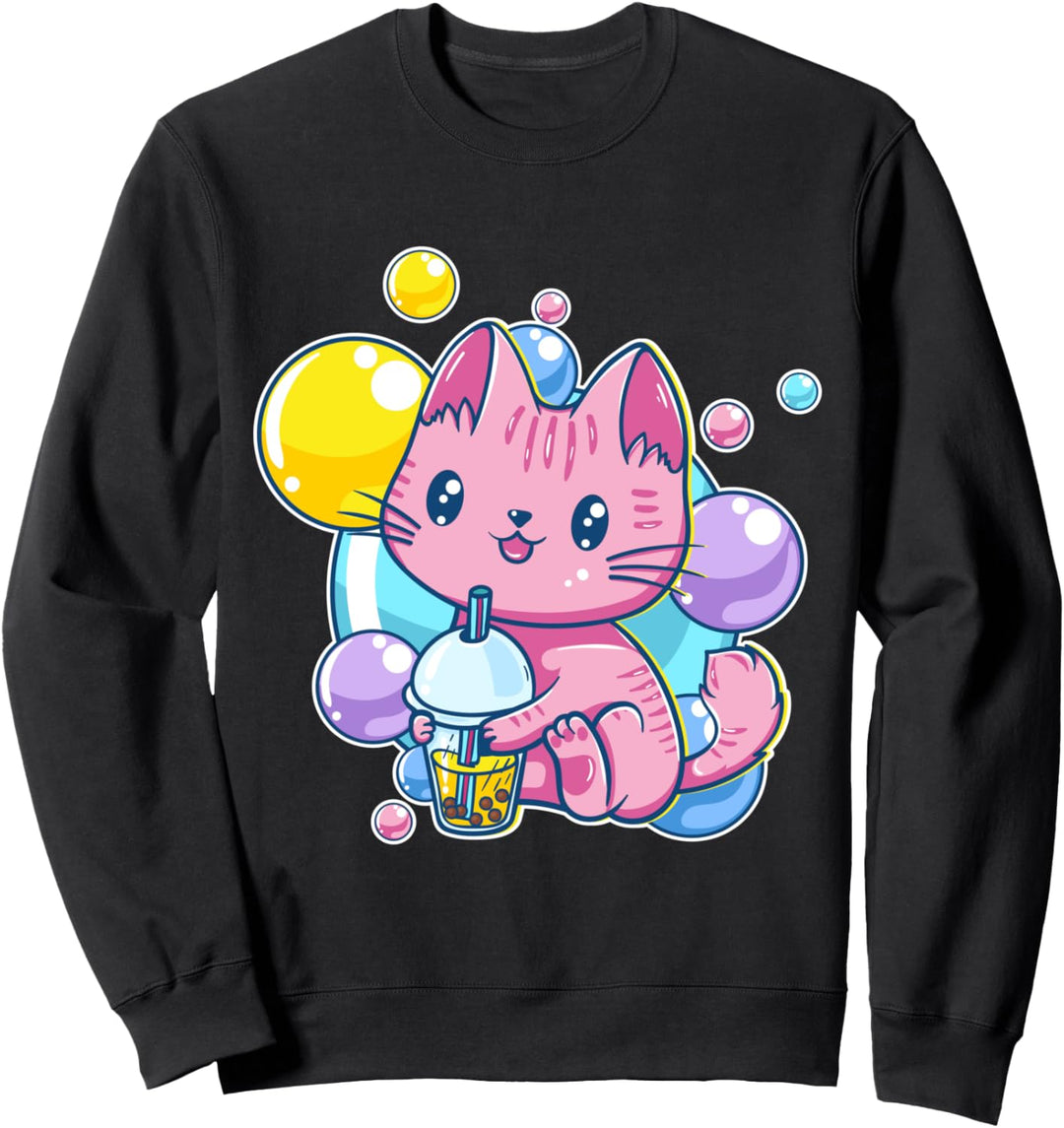90er Kawaii Aesthetic Pink Pastell Chibi Katze Bubble Tea Sweatshirt