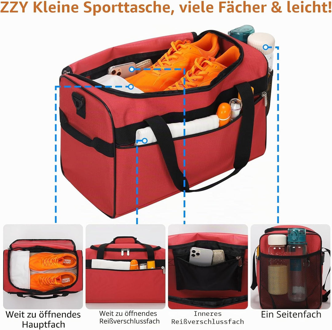 ZZY 20L Sporttasche Klein, Rot, 40x20x25cm | Trainingstasche, Fitnesstasche für Weekender Reisetasch