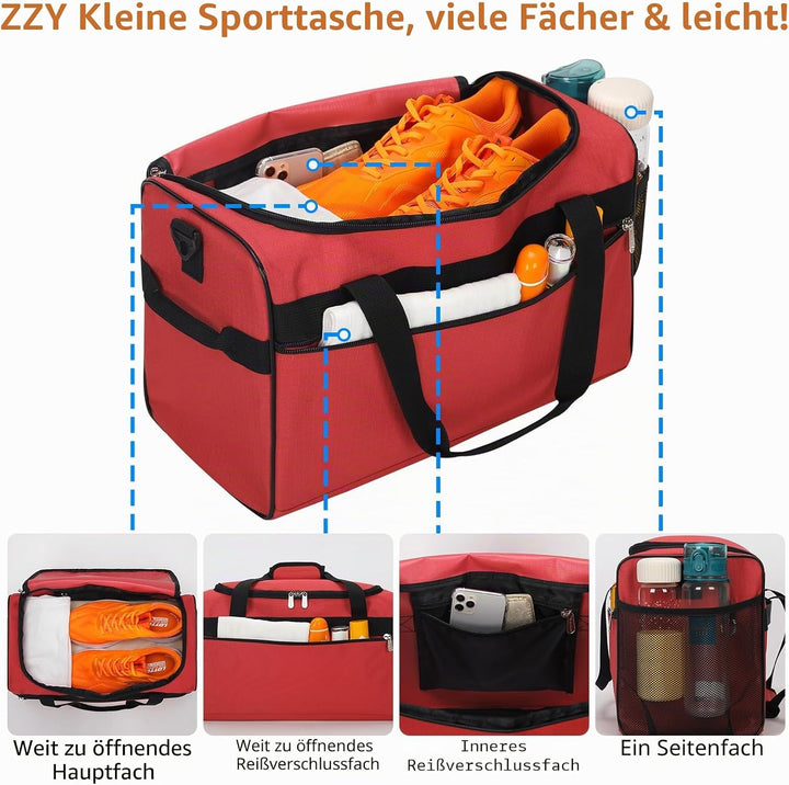 ZZY 20L Sporttasche Klein, Rot, 40x20x25cm | Trainingstasche, Fitnesstasche für Weekender Reisetasch
