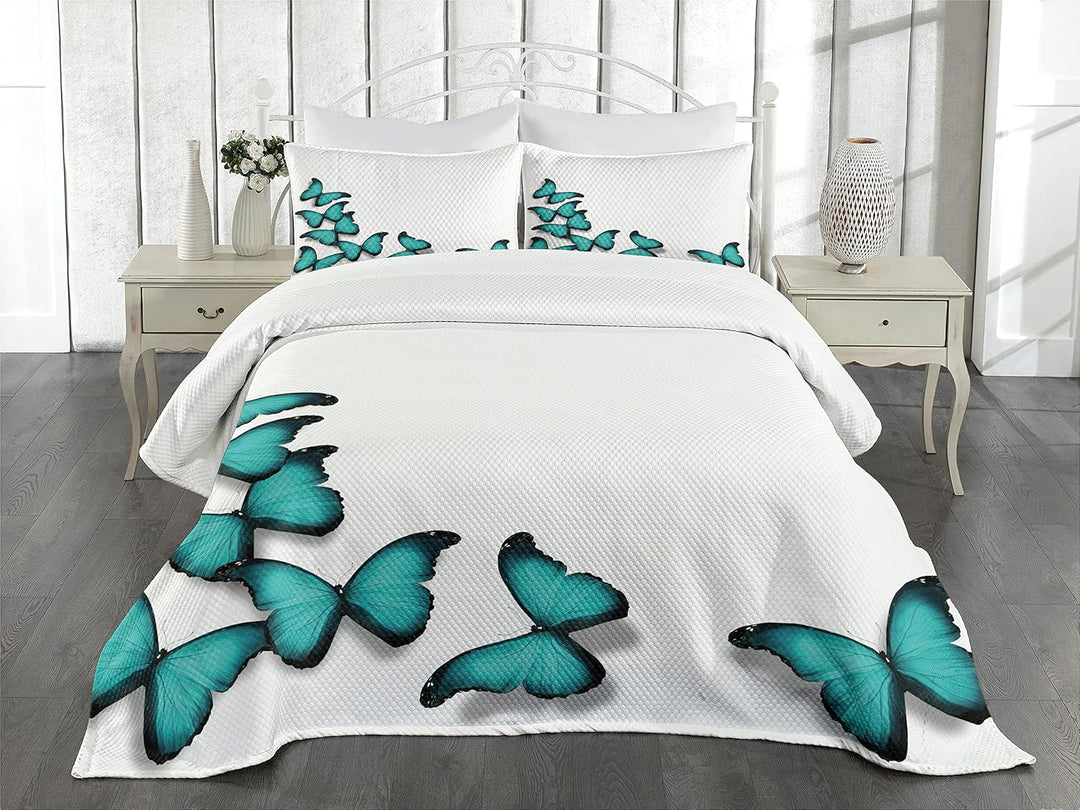 ABAKUHAUS Türkis Tagesdecke Set, Sunny Schmetterlinge Morphs, Set mit Kissenbezügen luftdurchlässig,